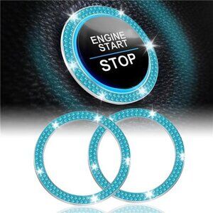 Car Start Button Bling Rhinestone Diamond Engine Button Ring 2-Pack Double Cyan